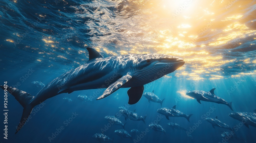 Naklejka premium Whale Swimming Underwater in a Sunlit Ocean