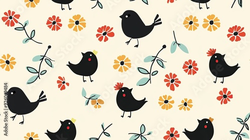 Hand-drawn birds and flowers in a seamless pattern design