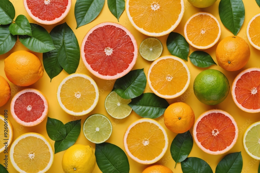 Creative background made of summer tropical fruits with leaves, grapefruit, orange, tangerine, lemon, lime on pastel yellow background Creative background made of summer tropical fruits with leaves, grapefruit, orange, tangerine, lemon, lime on pastel yellow background