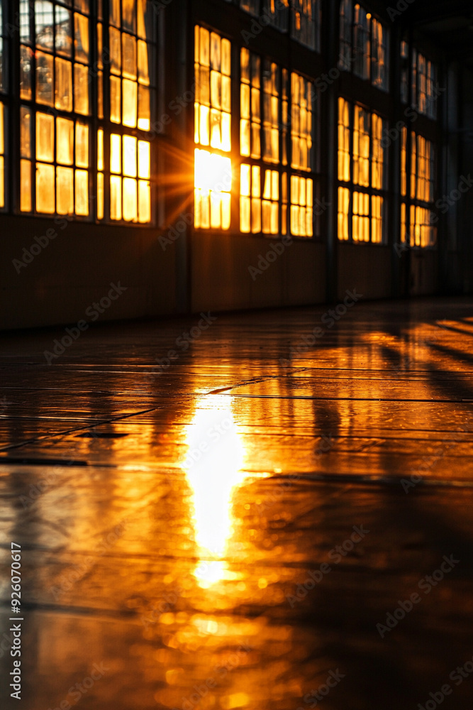 Golden sunlight streams through large windows, casting a warm glow on the polished wooden floor in a serene indoor space. Golden sunlight streams through large windows, casting a warm glow on the polished wooden floor in a serene indoor space.