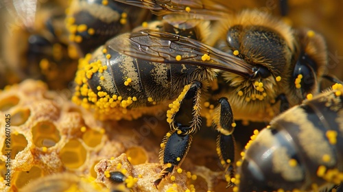 Close-up view of bee pollen-covered legs and wings