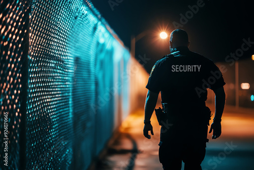 Nighttime security guard walking down a lit path, showcasing vigilance and safety in urban settings.