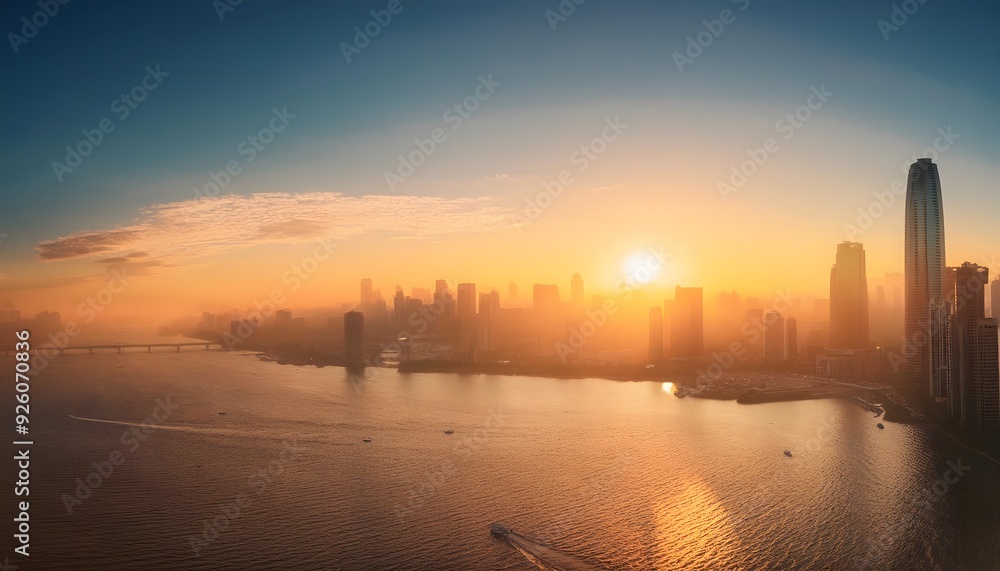 Fototapeta premium View of a big city with many tall buildings at morning sunrise.