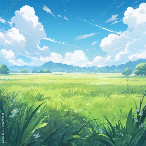 Emerald Fields and Azure Skies: An Enchanting Anime-Style Idyll Designed Perfect for Gaming Art and Storybook Illustrations in 4K photo