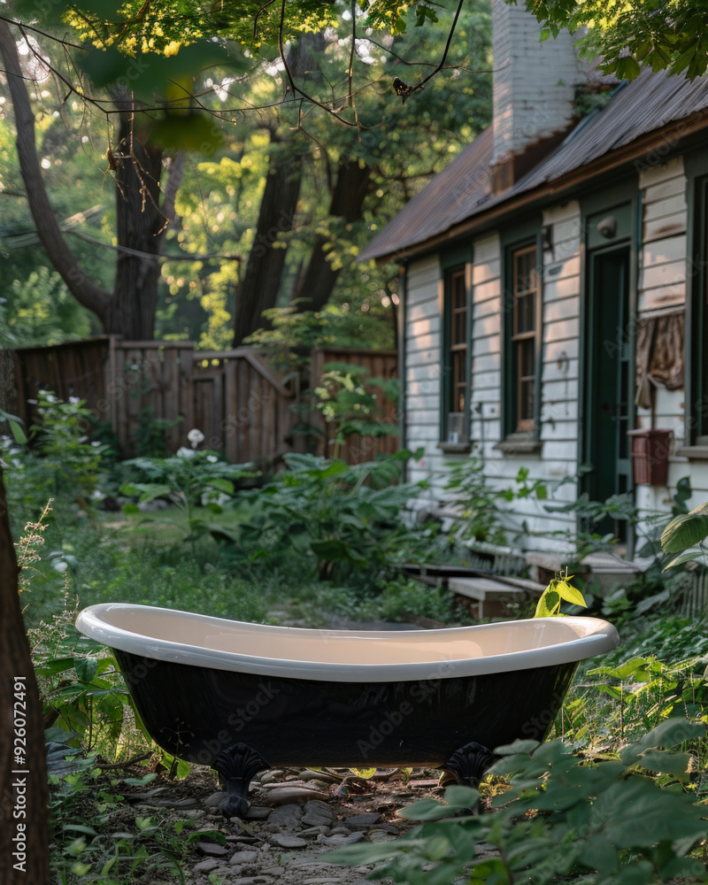 outdoor bath in autumn near country house. take care of yourself, unity with nature. balance in rustic, eco-friendly retreat. moments of relax outdoor bath in autumn near country house. take care of yourself, unity with nature. balance in rustic, eco-friendly retreat. moments of relax