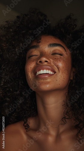 A radiant woman with curly hair shares a moment of joy, her laughter brightening the atmosphere in soft, natural light.