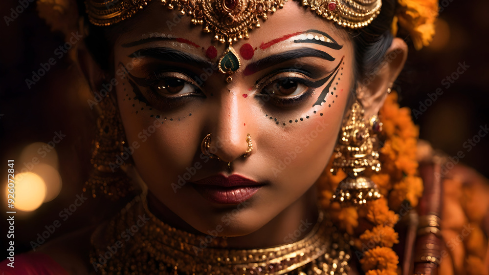 A close up shot of Bharatanatyam dancer with traditional makeup A close up shot of Bharatanatyam dancer with traditional makeup