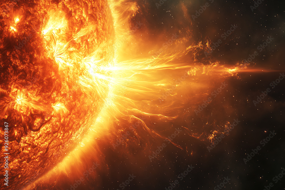 Fototapeta premium Dramatic depiction of a solar flare and plasma ejection from the sun, triggering magnetic storms on Earth and affecting space weather. 