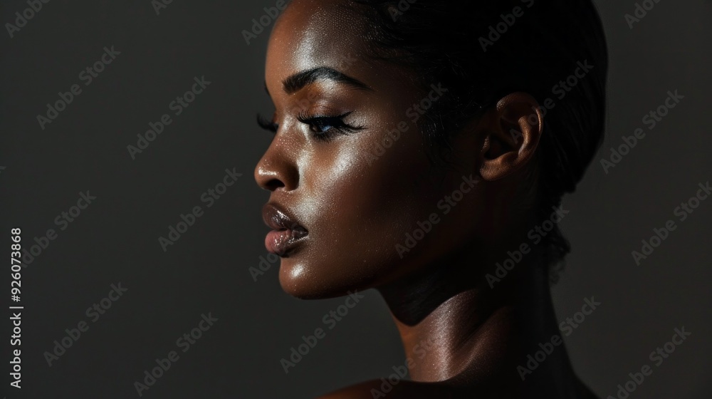 A black woman poses gracefully, highlighting her flawless makeup and smooth hairstyle against a beautifully lit background. A black woman poses gracefully, highlighting her flawless makeup and smooth hairstyle against a beautifully lit background.