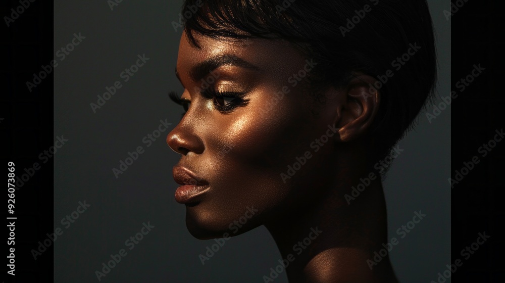 A black woman with beautiful makeup and sleek hair in the shadows. The photo is taken from her side, focusing on her face and shoulders. A black woman with beautiful makeup and sleek hair in the shadows. The photo is taken from her side, focusing on her face and shoulders.