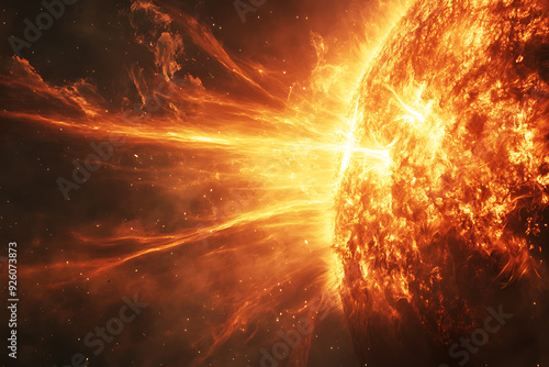 Dramatic depiction of a solar flare and plasma ejection from the sun  triggering magnetic storms on Earth and affecting space weather. 