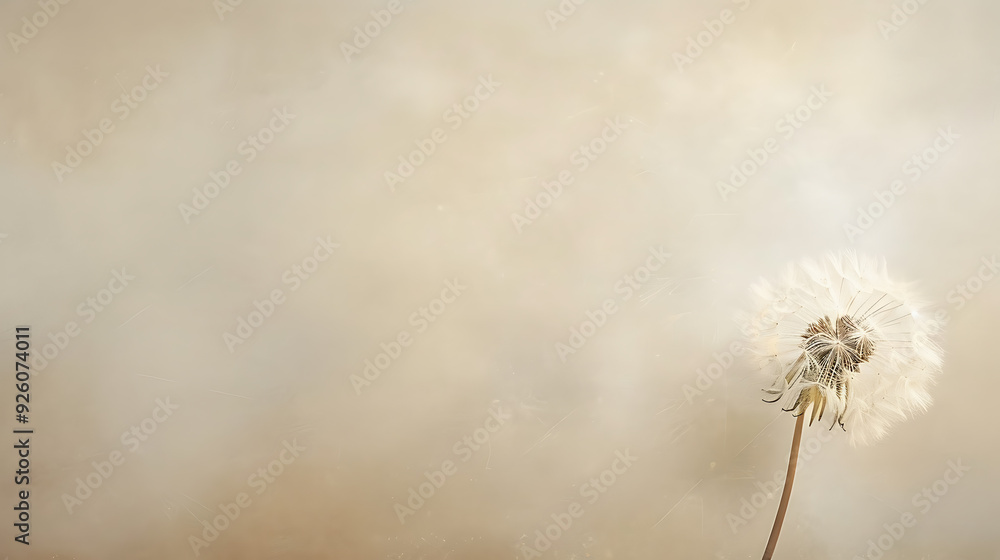Obraz premium A serene and delicate image capturing the ethereal beauty of a fluffy dandelion seed head, with a soft tone providing a minimalist and elegant background that evokes a sense of calm and gentleness. 