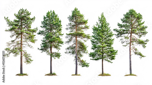 Five Tall Pine Trees Isolated on White