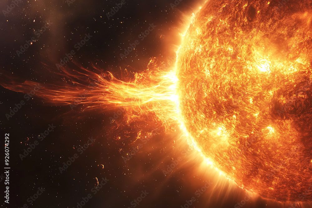 Obraz premium Dramatic depiction of a solar flare and plasma ejection from the sun, triggering magnetic storms on Earth and affecting space weather. 