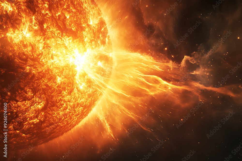 Dramatic depiction of a solar flare and plasma ejection from the sun, triggering magnetic storms on Earth and affecting space weather.
Dramatic depiction of a solar flare and plasma ejection from the sun, triggering magnetic storms on Earth and affecting space weather.