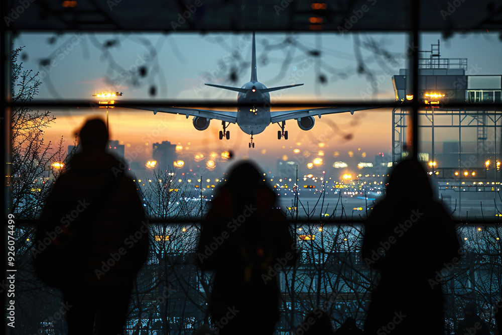 Airport terminal of people waiting for passengers, tourists, background of an airliner taking off. Airport terminal of people waiting for passengers, tourists, background of an airliner taking off.