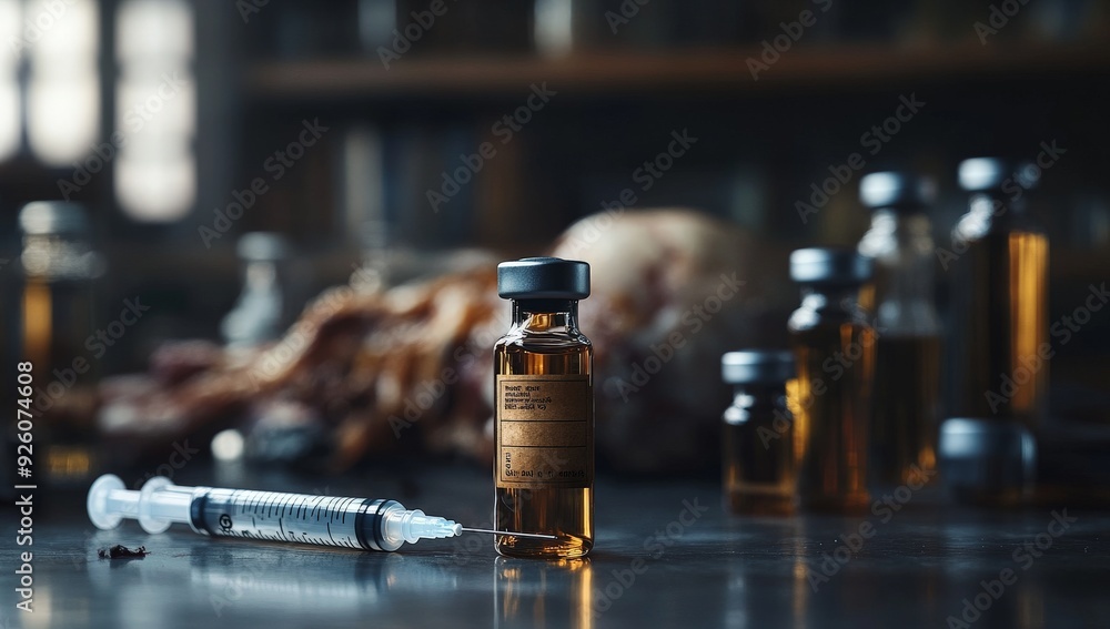 Medical Vial and Syringe on Laboratory Table with Blurred Background and Bottles Medical Vial and Syringe on Laboratory Table with Blurred Background and Bottles