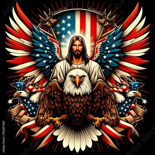 Jesus, Eagle, and American Flag Patriotic Illustration