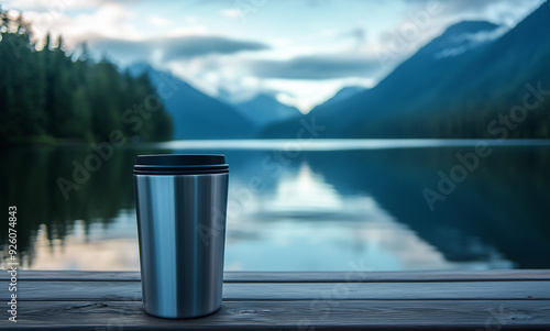 On a quiet lakeside dock, a stainless steel travel mug with hot coffee. In the background, a serene lake and mountains reflecting in the water