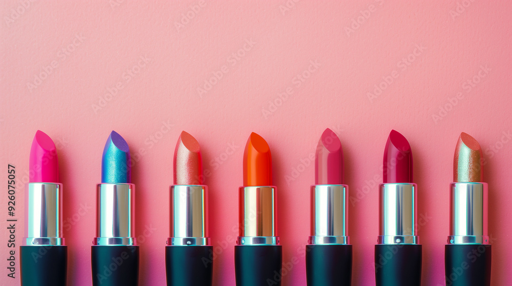 Lineup of various colored lipsticks on a pink background. Lineup of various colored lipsticks on a pink background.