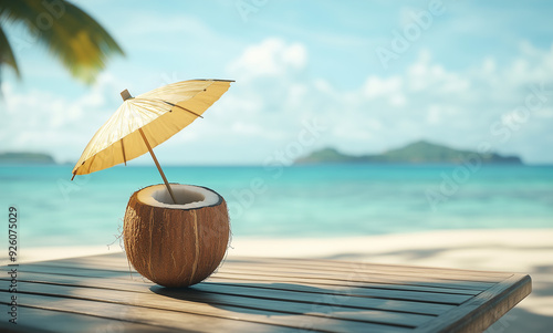 Wallpaper Mural On a tropical beach, a coconut with a straw and umbrella sitting on a wooden table. In the background, a calm ocean and distant islands Torontodigital.ca
