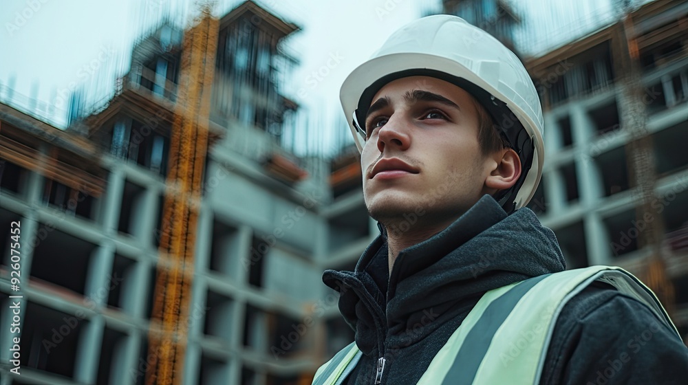 A young construction worker looks up at a building. This photo represents hope, ambition, and the future. A young construction worker looks up at a building. This photo represents hope, ambition, and the future.