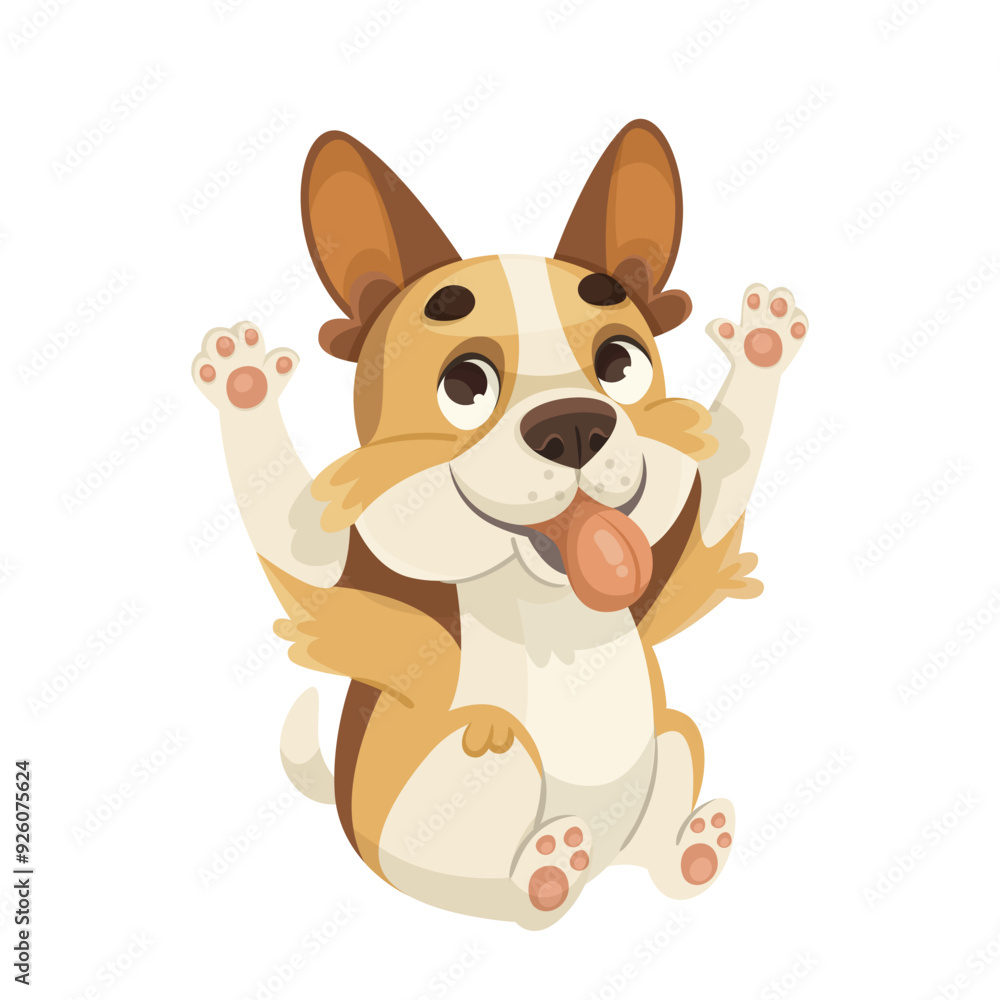 Obraz premium A cute cartoon corgi dog with its tongue out and paws raised, on a white background. The illustration is vibrant and playful. Concept of adorable pets. Vector illustration
