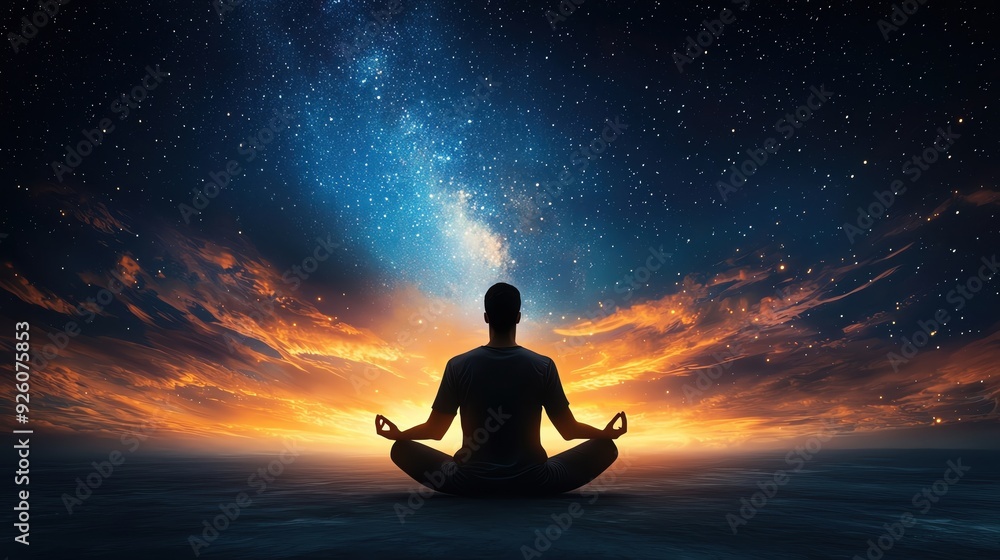 A serene figure meditating under a vast starry sky, surrounded by the vibrant colors of sunset and cosmic beauty. A serene figure meditating under a vast starry sky, surrounded by the vibrant colors of sunset and cosmic beauty.