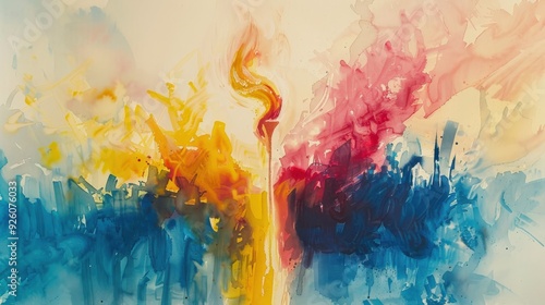 Generate a watercolor painting depicting the 2024 Paris Olympic torch on a simple surface, capturing the ceremonial and celebratory aspects of the Games