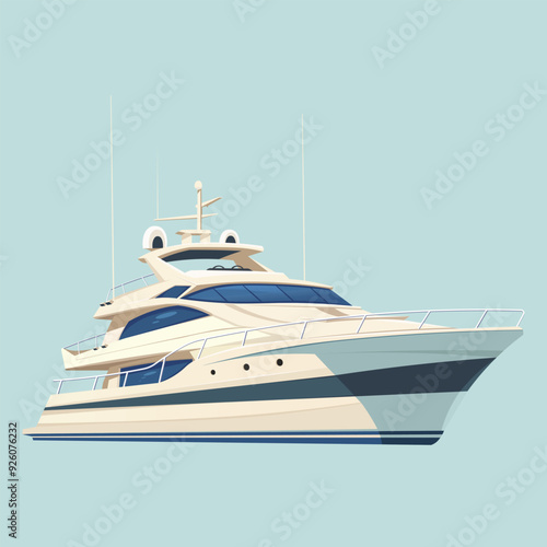 Illustration of a luxury yacht, in a minimalistic graphic style, on a plain light blue background. Concept of marine travel and luxury lifestyle. Vector illustration
