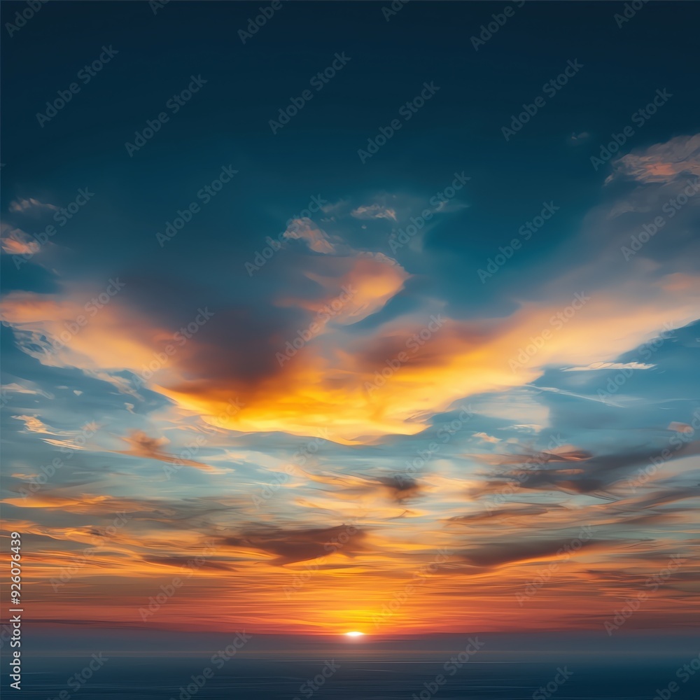 Fototapeta premium A breathtaking sunset over the horizon, showcasing vibrant colors and dramatic cloud formations in a serene sky.