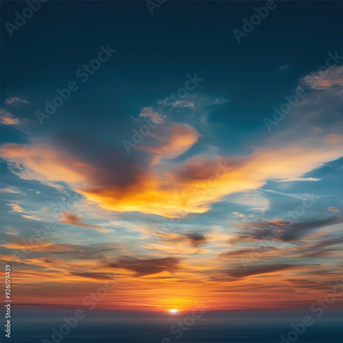A breathtaking sunset over the horizon, showcasing vibrant colors and dramatic cloud formations in a serene sky.