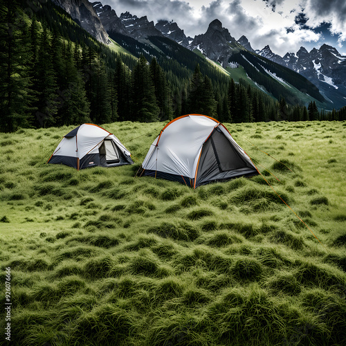 Tent on the grass, wilderness camping, outdoor sports, middle-class lifestyle