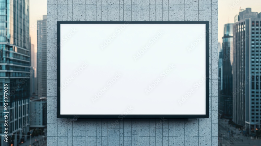 Blank White Billboard on Modern Building Wall in Urban Cityscape with High-Rise Buildings and Clear Sky Background Blank White Billboard on Modern Building Wall in Urban Cityscape with High-Rise Buildings and Clear Sky Background