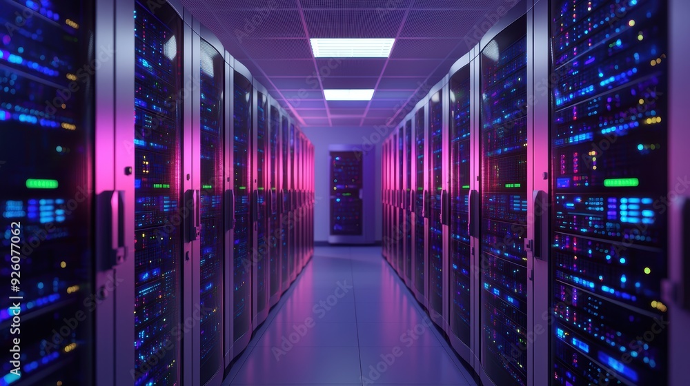 Fototapeta premium Modern Data Center with Rows of Server Racks and Colorful LED Lights in a High-Tech Environment