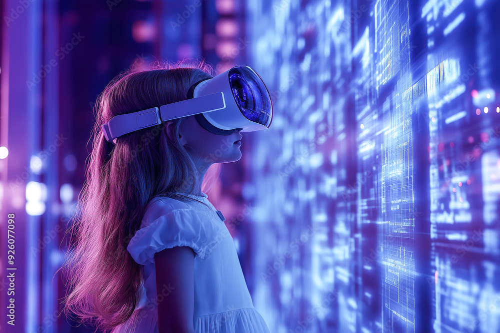 A young girl wars VR glasses, engaged in an online educational experience. The concept of the future of learning, technology in education, and immersive virtual reality for kids. Generative AI. A young girl wars VR glasses, engaged in an online educational experience. The concept of the future of learning, technology in education, and immersive virtual reality for kids. Generative AI.