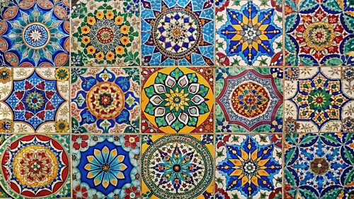 Colorful mosaic tile artwork featuring intricate patterns and designs, mosaic, colorful, tiles, art, pattern, design