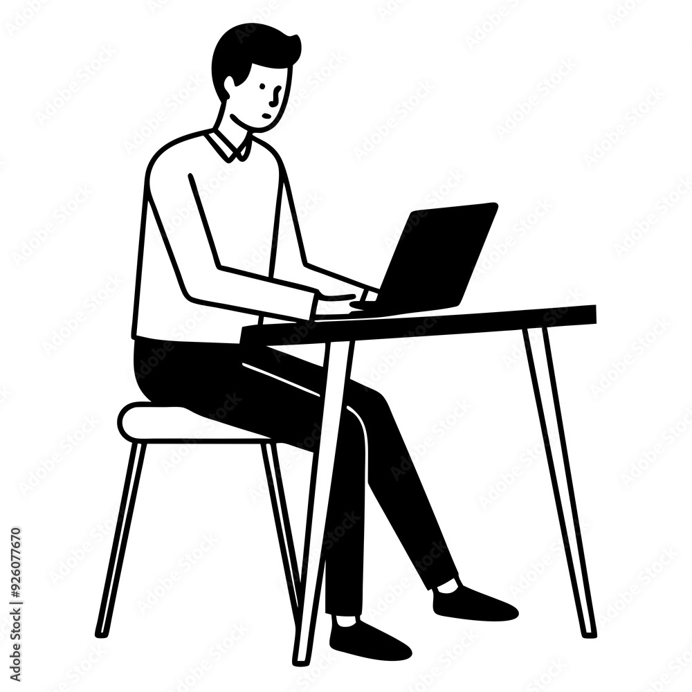Vector Illustration of Flat Man Sitting at a Table with Laptop Silhouette Vector Illustration of Flat Man Sitting at a Table with Laptop Silhouette