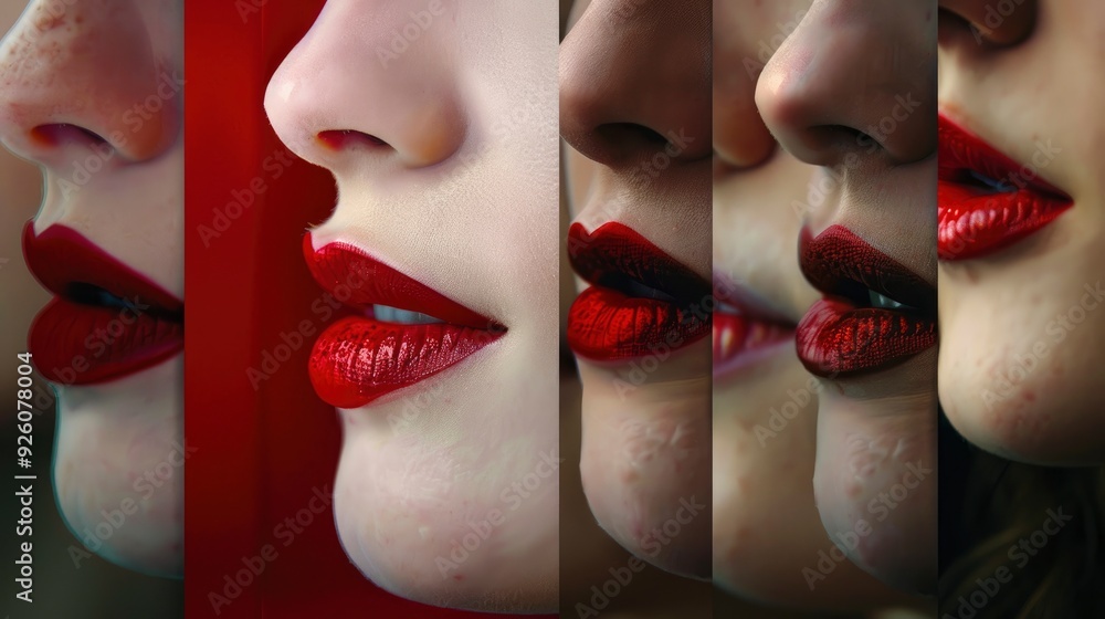 Obraz premium 7 different shadows of the red colour aplied on one lips. Close up. with generative ai