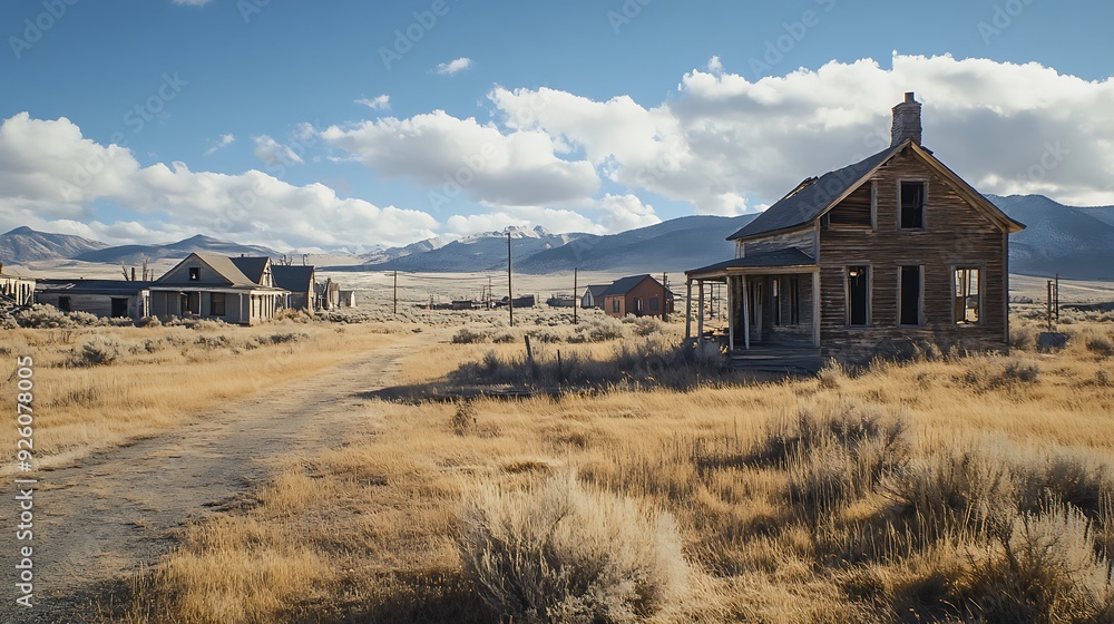 An abandoned, weathered house with broken windows sits on a dirt road leading into a deserted town. The houses are surrounded by dry grass and brush. A mountain range sits in the background. An abandoned, weathered house with broken windows sits on a dirt road leading into a deserted town. The houses are surrounded by dry grass and brush. A mountain range sits in the background.