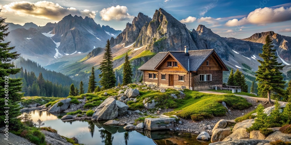 Fototapeta premium Mountain refuge nestled in the alpine wilderness, offering a serene and rugged escape from the world