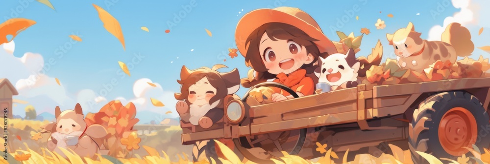 Fototapeta premium Enchanting anime-style Autumn Farm Life: Characters Embrace the Harvest and Interact with Animals in a Rustic Country Setting, Perfect for Game Art and 4K Seasonal Illustrations,Anime-Style,illustrati