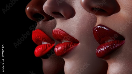 7 different shadows of the red colour aplied on one lips. Close up. with generative ai photo