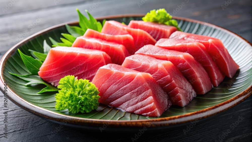Close up of fresh bullet tuna sashimi slices on a plate, bullet tuna, sashimi, Japanese food, seafood, raw, fresh, gourmet Close up of fresh bullet tuna sashimi slices on a plate, bullet tuna, sashimi, Japanese food, seafood, raw, fresh, gourmet