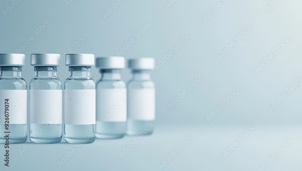 Row of Medical Vials with Blank Labels in a Sterile Environment Essential Equipment for Vaccination and Medicine Row of Medical Vials with Blank Labels in a Sterile Environment Essential Equipment for Vaccination and Medicine