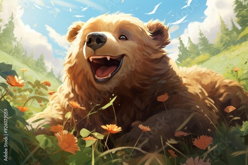 A playful bear rolling down a hill in a sunny meadow illustration photo