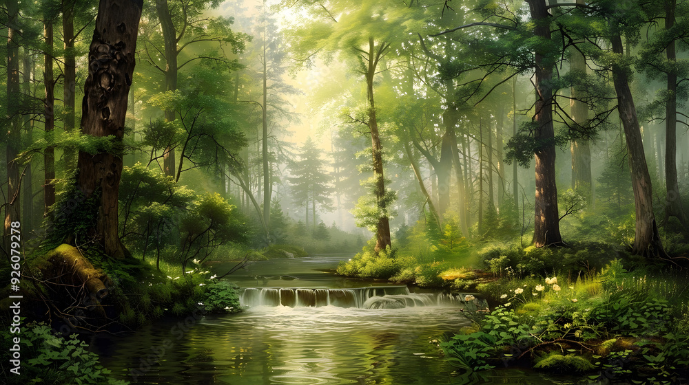 Obraz premium Tranquil Forest Stream with Sunlight Filtering Through the Canopy