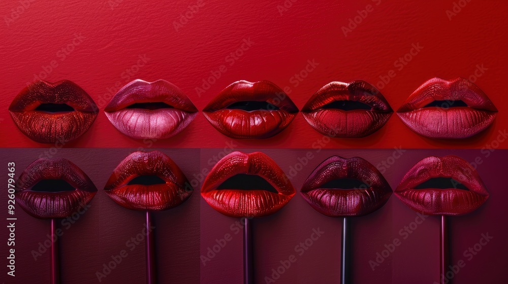 7 different shadows of the red colour aplied on one lips. Close up. with generative ai 7 different shadows of the red colour aplied on one lips. Close up. with generative ai