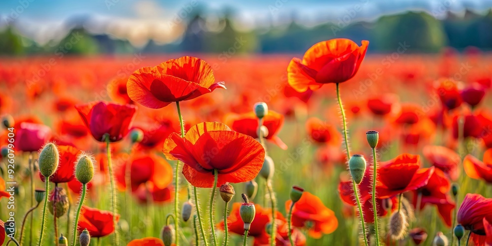 Obraz premium A vibrant field of red poppies in full bloom , poppies, flowers, field, nature, red, vibrant, blooming, spring, landscape, scenic