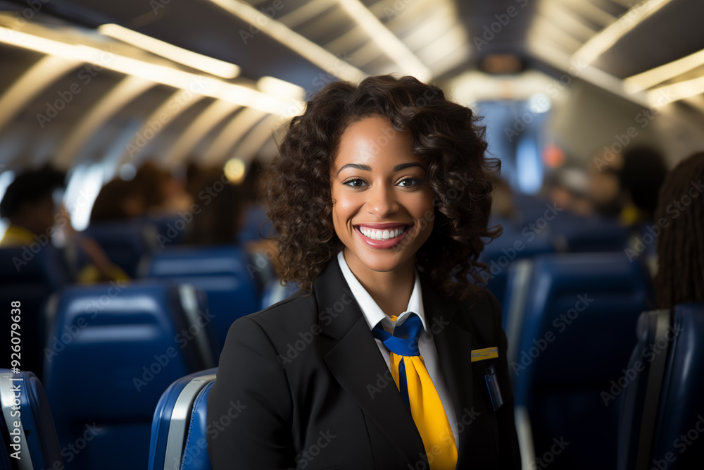 Black female flight attendant on the plane before takeoff Black female flight attendant on the plane before takeoff